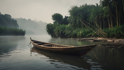 Obraz premium A wooden boat tethered to a bamboo pole on a misty village river — minimalist and moody composition
