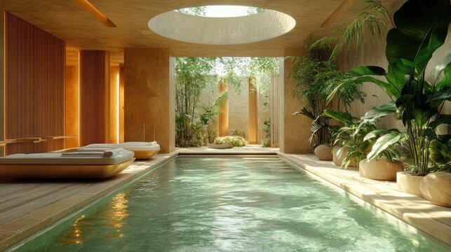 serene indoor swimming pool bathed in natural light with lush greenery creating a tranquil and luxurious spa retreat perfect for relaxation and wellness