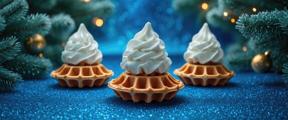 Christmas with fir trees in winter, waffle cone on blue glitter texture, with empty space for text.