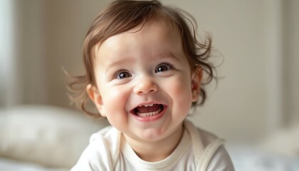 Fototapeta premium Adorable baby girl with wide, toothy smile. Bright eyes, cheerful expression convey pure happiness, innocence. Close-up portrait captures moment of babyhood, healthy dental development, joyful