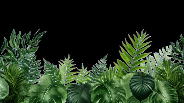 Vibrant tropical leaves animated overlay, transparent 4K video, alpha channel, ProRes 4444