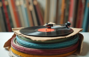Obraz premium Close-up of vinyl record spinning on turntable, stacked with colorful LPs. Vintage audio equipment evokes nostalgia for classic music listening. Retro record player with black vinyl disc, red label.