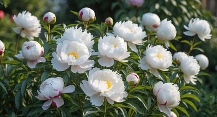 Beautiful White Peony Flowers In The Garden In Summer with Empty Copy Space For Text