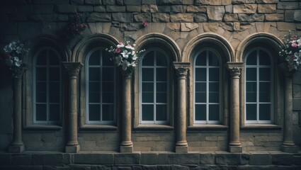 A stone wall with a row of arches and narrow windows, decorated with flowers, exudes elegance and sophistication. Scene of architectural beauty and grace.