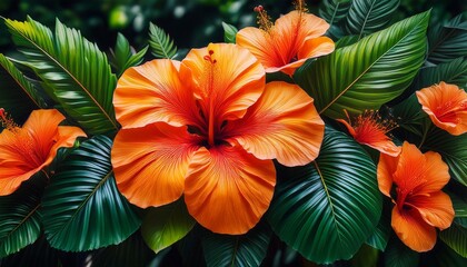 vibrant orange hibiscus flowers surrounded by lush green tropical leaves the scene captures a lively and exotic atmosphere