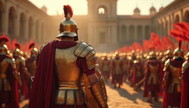Back view of Roman centurion leading army formation with golden armor, red cape. Soldiers in full military gear march in ancient Roman courtyard with flags. Historical reenactment legionary power.
