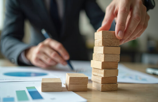 Businessman builds tower with wooden blocks, strategizing business risk and protection. Focus on planning, investment insurance, and financial growth. Hand carefully places block for stability. - Powered by Adobe