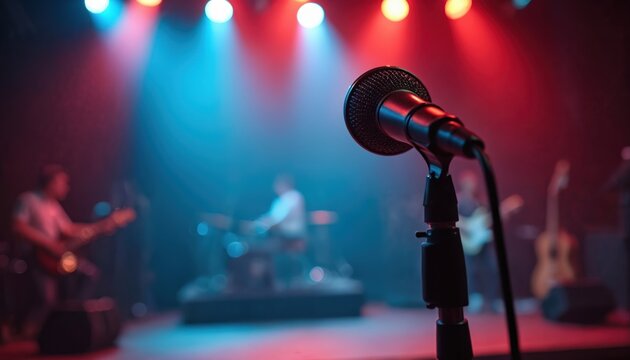 Closeup of microphone stand on concert stage under blue and red lights. Band members are blurred in background, playing instruments. Atmosphere suggests live music performance at small venue.