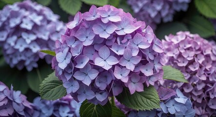 Purple Hydrangea In bloom with vibrant purple flowers and green leaves. Beautiful garden plant. Floral in nature.