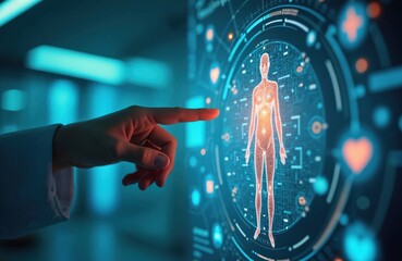Futuristic medical technology interface displaying human body scan. Doctor uses touch screen for digital health check, network analysis, patient data. Hospital background shows virtual medical icons,