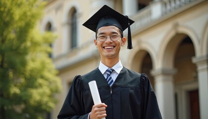 Asian graduate man beams with pride holding diploma, celebrating accomplishment at university. Wears graduation gown, cap, glasses. Cheerful, hopeful young student embodies success, future potential.