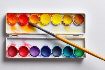 A watercolor paint palette with various colors arranged in a row. A paintbrush rests on the palette, ready for use. The background is plain and white.