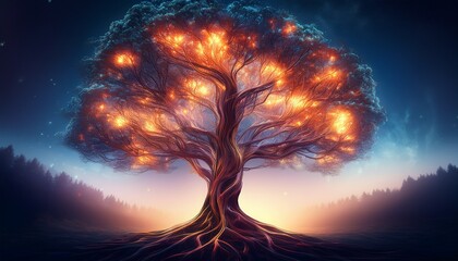 a stunning abstract illustration of a tree with glowing branches surrounded by a misty background symbolizing life and energy