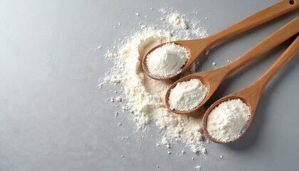 Three wooden spoons filled with white flour rest on grey surface in scattered flour. This top-down view of baking ingredients and kitchen utensils is perfect for recipes, pastry, and cooking content.