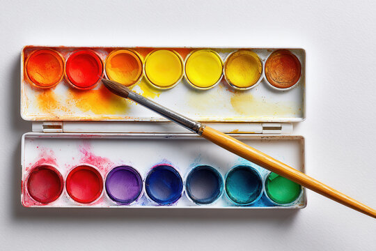 A watercolor paint palette with various colors arranged in a row. A paintbrush rests on the palette, ready for use. The background is plain and white.
