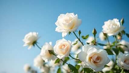 Fototapeta premium White roses blooming under a clear blue sky, symbolizing purity and springtime.