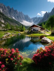 Obraz premium Scenic mountain landscape with a peaceful lake, lush green meadows, colorful flowers, a charming wooden cottage, and towe jagged peaks under a clear blue sky