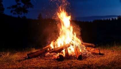 stunning outdoor bonfire with burning firewood at night