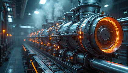 Fototapeta premium Futuristic industrial machines with metallic pipes, glowing orange lights, steam. Heavy metal components, detailed mechanical parts, illuminated systems suggest advanced manufacturing, engineering,