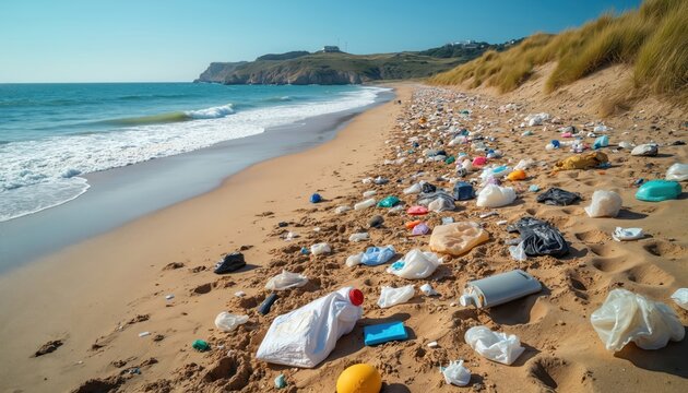 Sandy beach coast littered with plastic waste, garbage. Waves wash ashore debris near grassy dunes under clear blue sky. Scene highlights environmental pollution, serious global crisis affecting