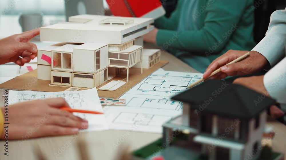 Aufkleber engaged hands of architects in a design meeting present sketches and a model structure, showcasing t