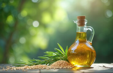 Pure sesame seed oil in glass bottle with seeds, plant. Natural organic product for cooking, skincare, haircare. Healthy lifestyle concept with bright sunlight on green background. Calm atmosphere