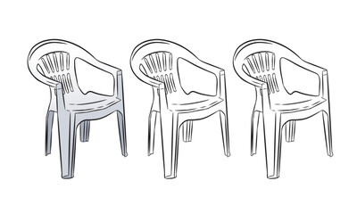 Group of three drawings of plastic chairs, a popular piece of furniture in Brazil in bars and pubs. Isolated on a transparent background-01.eps