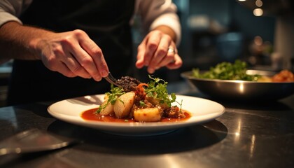 Chef plates gourmet dish with fresh ingredients. Modern culinary presentation showcases meticulous skill in upscale dining setting. Enjoy fine food, exquisite flavors, and artful food preparation.