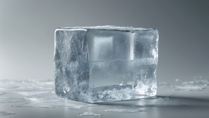 Obraz premium A textured block of transparent ice on a light gray background.