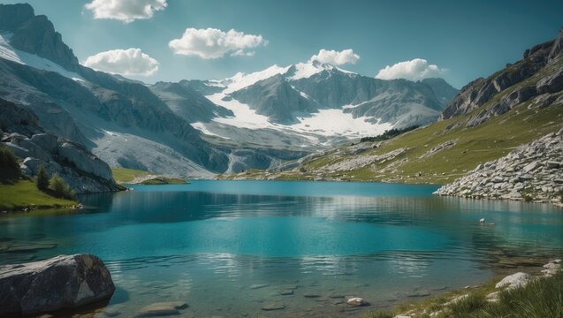 Alpine Lake Fedaia And The Marmolada In The Background On A Summer Day, With Empty Copy Space For Text