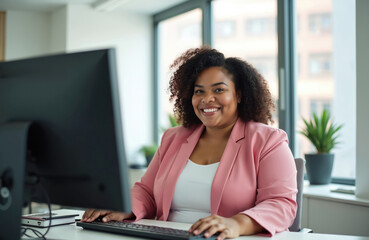 Smiling plus-size woman in pink business attire sits at desk working on computer in modern office setting. She exudes confidence, professionalism, embodying diversity in workplace, career success.