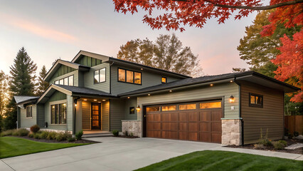 Modern Gray Ranch House with Sage Green Trim and Walnut Garage Door