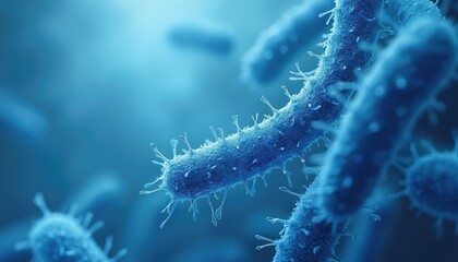 Fototapeta premium Microscopic view of rod-shaped bacteria multiplying in vibrant blue environment. Microorganisms textured surface with small projections, indicative of cellular structures. Science imagery perfect for