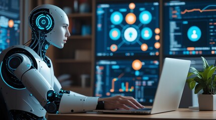 A futuristic humanoid robot intently uses a laptop, with glowing digital interfaces projected around it, symbolizing artificial intelligence and advanced automation in a modern work environment.