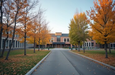 Modern school building and empty schoolyard in autumn Canada. Orange and yellow foliage trees line pathway leading to brick structure. Playground equipment is visible in background under clear sky.