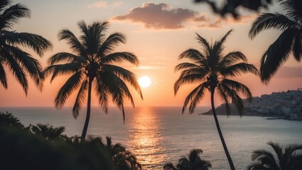 Silhouette of palm trees and the sun rising over the sea in a coastal town with empty space for text