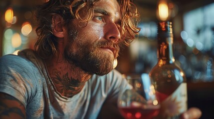 Fototapeta premium Tattooed, blond man stares, glass and bottle blurred background