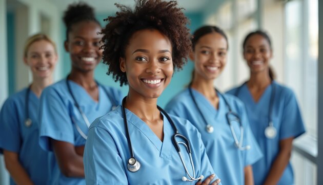 Smiling African female medical professionals pose in hospital hallway. Diverse team wears blue scrubs, stethoscopes, embodying healthcare dedication, teamwork, compassion. Express confidence,