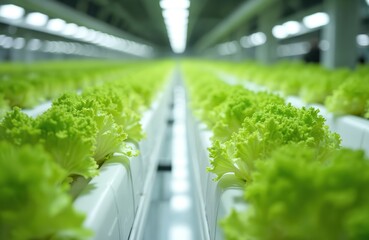 Rows of fresh Frillice Iceberg lettuce grow in modern indoor hydroponics farm. Bright LED lights illuminate rich green leaves. Advanced vertical farming system cultivates healthy, organic vegetables
