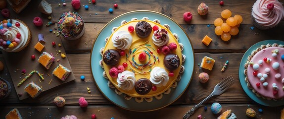 Fototapeta premium Cake with sweets on a wooden background, topped with cherries and whipped cream, with empty space for text. Sweets and desserts arranged on plates and around.
