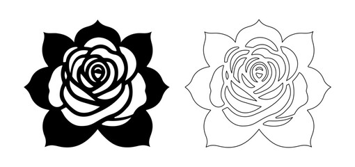 Two stylized rose SVGs, one solid black silhouette, and one outlined