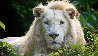 Obraz premium majestic white lion resting among lush green jungle flora