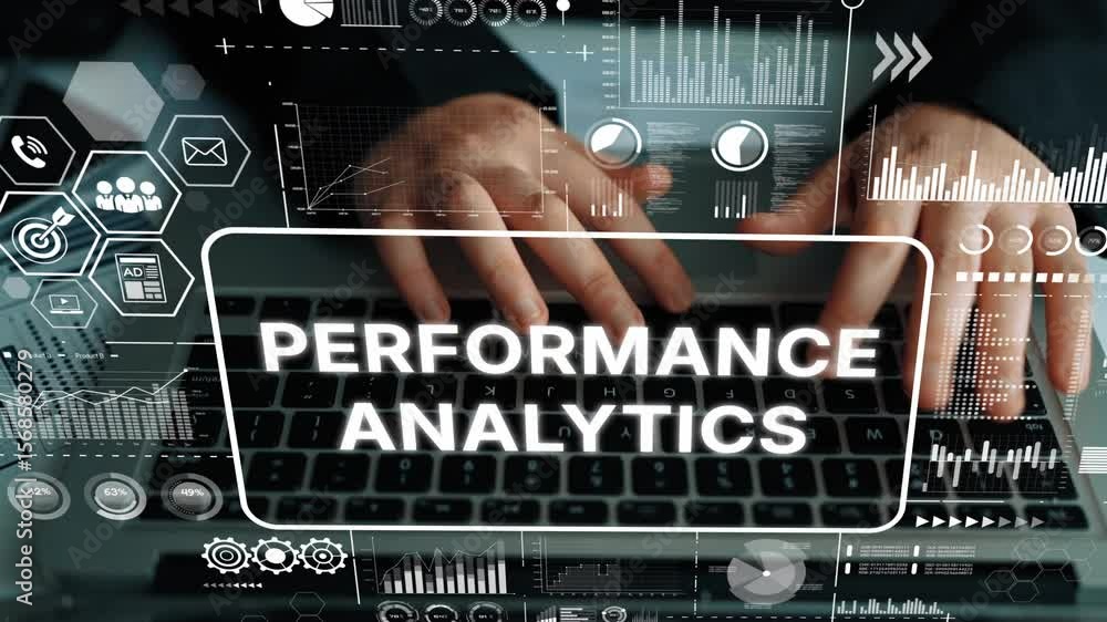 Poster professional hands typing on laptop keyboard with performance analytics data visualizations in moder