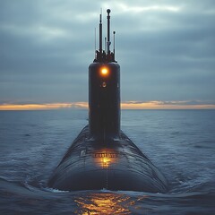 A dark submarine's conning tower at dawn.