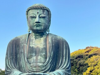 Great Buddha of Kamakura, Japan on a sunny day with trees