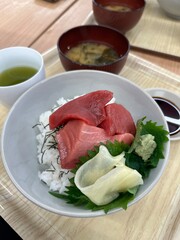 Fresh sushi meal with miso soup and raw tuna in Tokyo, Japan
