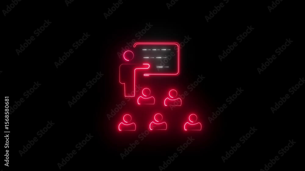 Poster person with pointer animation .outline motion graphic. glowing neon training icon isolated on black 