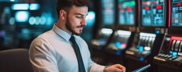 Elegant Man on Tablet in Casino with Slot Machines,Gambling, Technology