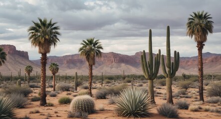 Fototapeta premium A desert landscape with cacti and palm trees, cloudy sky, and empty space for text.