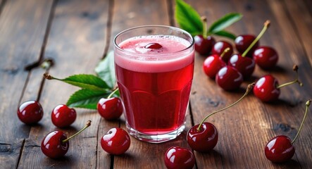 Glass of cherry juice on wooden table with empty space for text, surrounded by fresh cherries and green leaves.